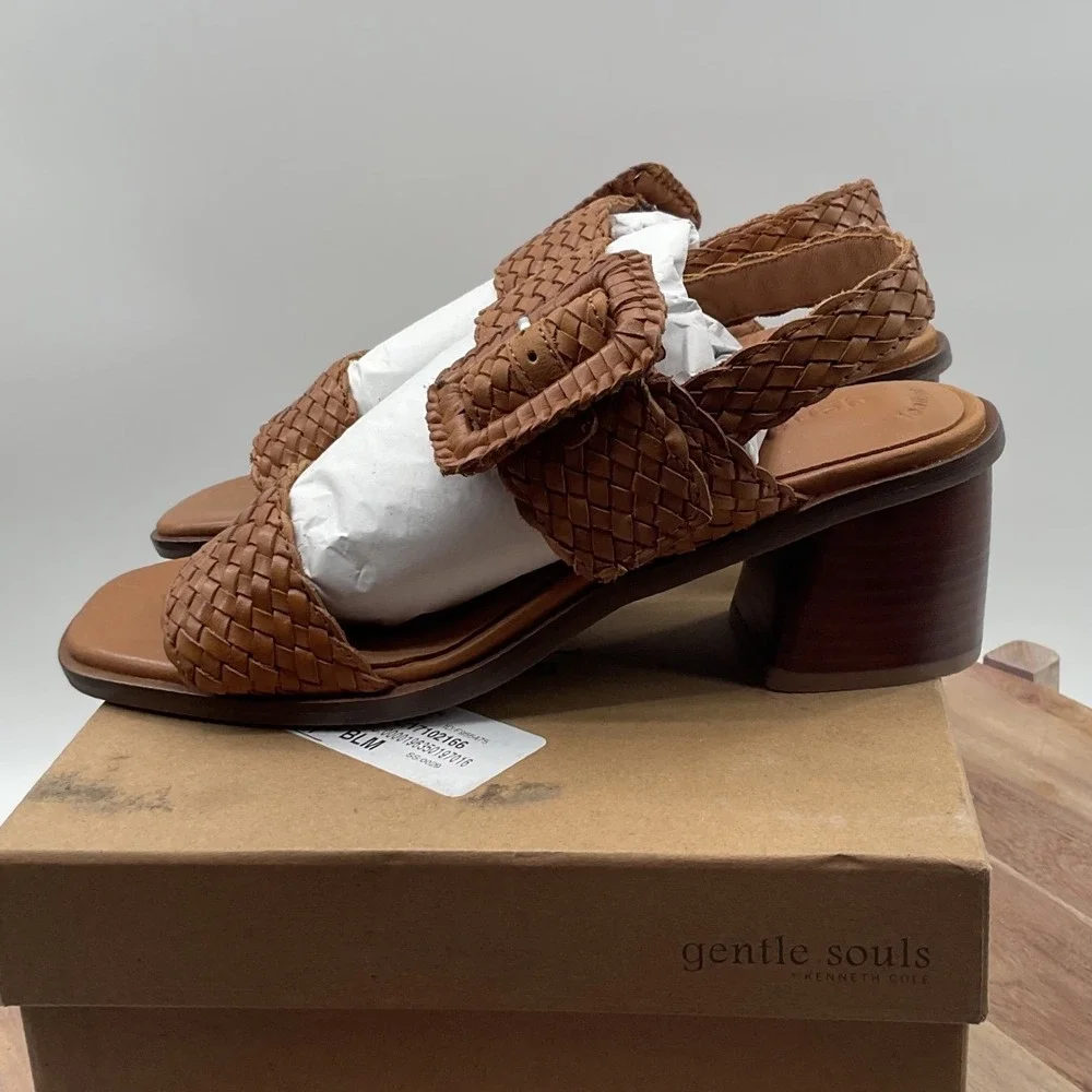 Gentle Souls Madylyn woven Leather Block Heel Sandals Cognac Brown Size 9